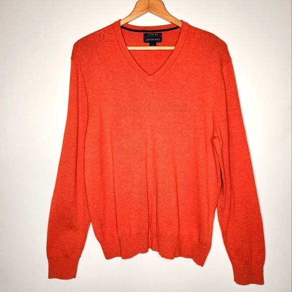 Lands' End Orange Cotton V Neck Sweater Men's Size Large 42 44 - Picture 1 of 5